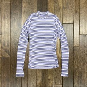 MONKI WOMENS MOCK NECK LONG SLEEVE SHIRT PURPLE STRIPE SIZE XXS